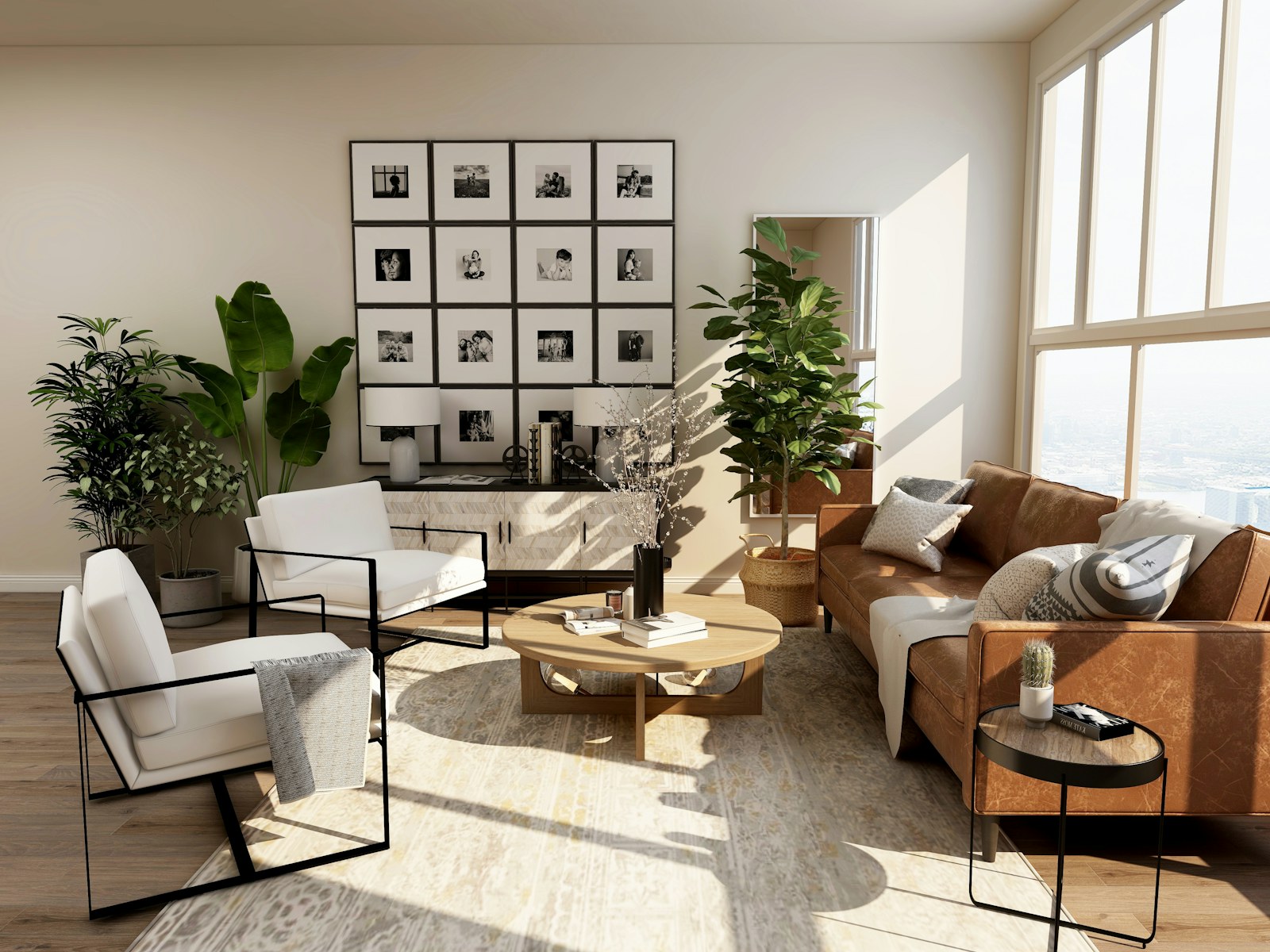 Layered interior with warm furniture and natural light